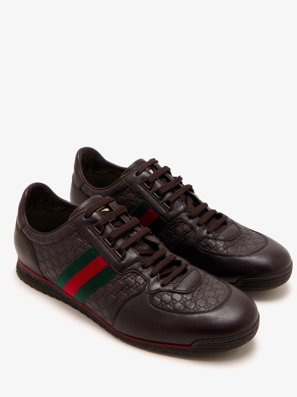Gucci Brown Leather Sneakers with Green and Red Web Stripe